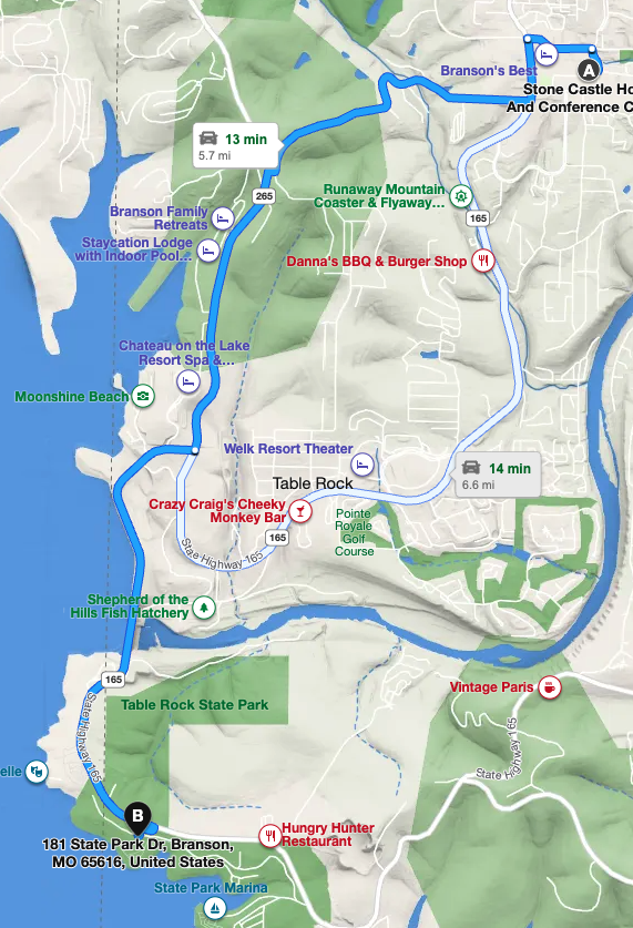 map from Stone Castle Inn to Table Rock State Park Picnic Shelter